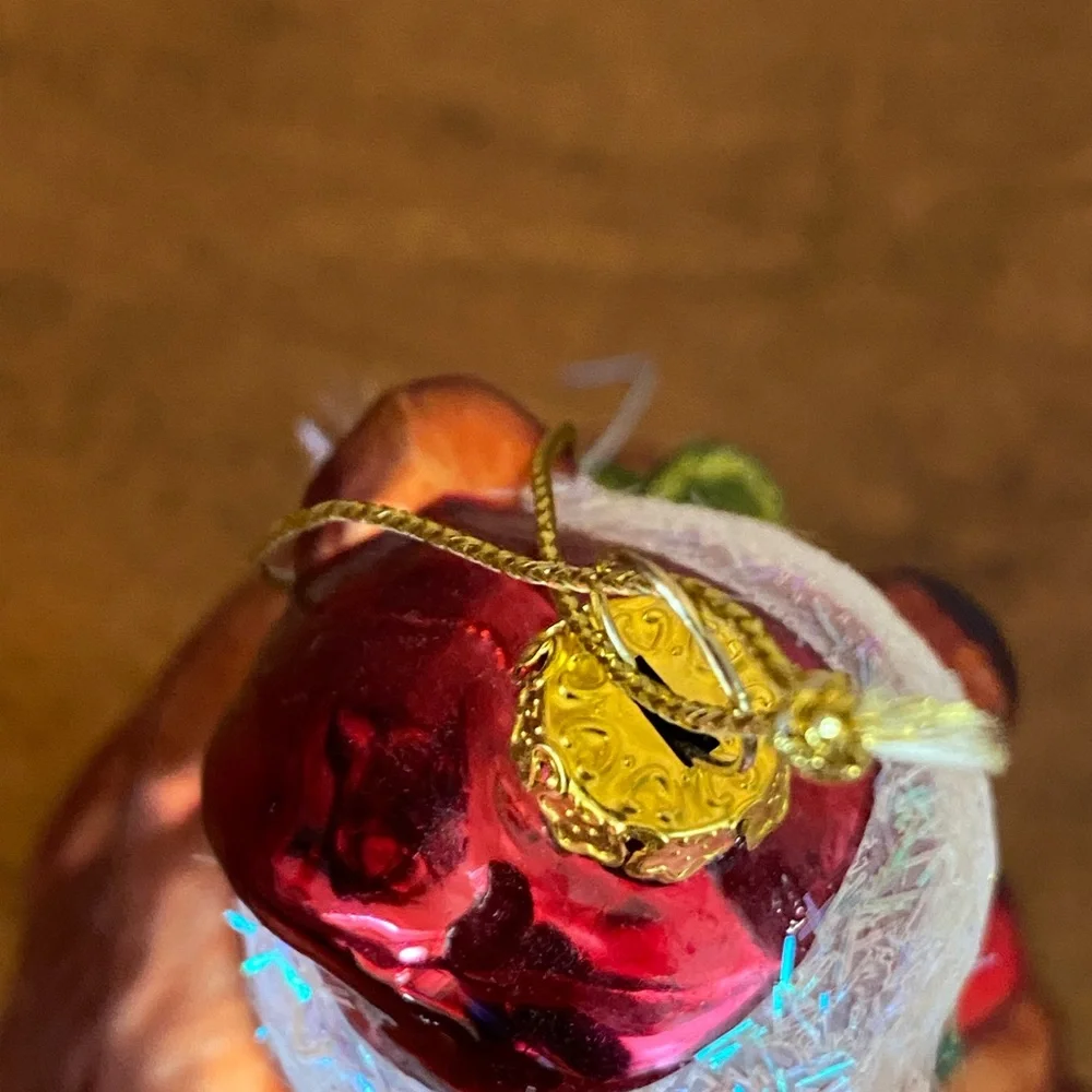Festive Christmas Bear Holding Present Glass Ornament